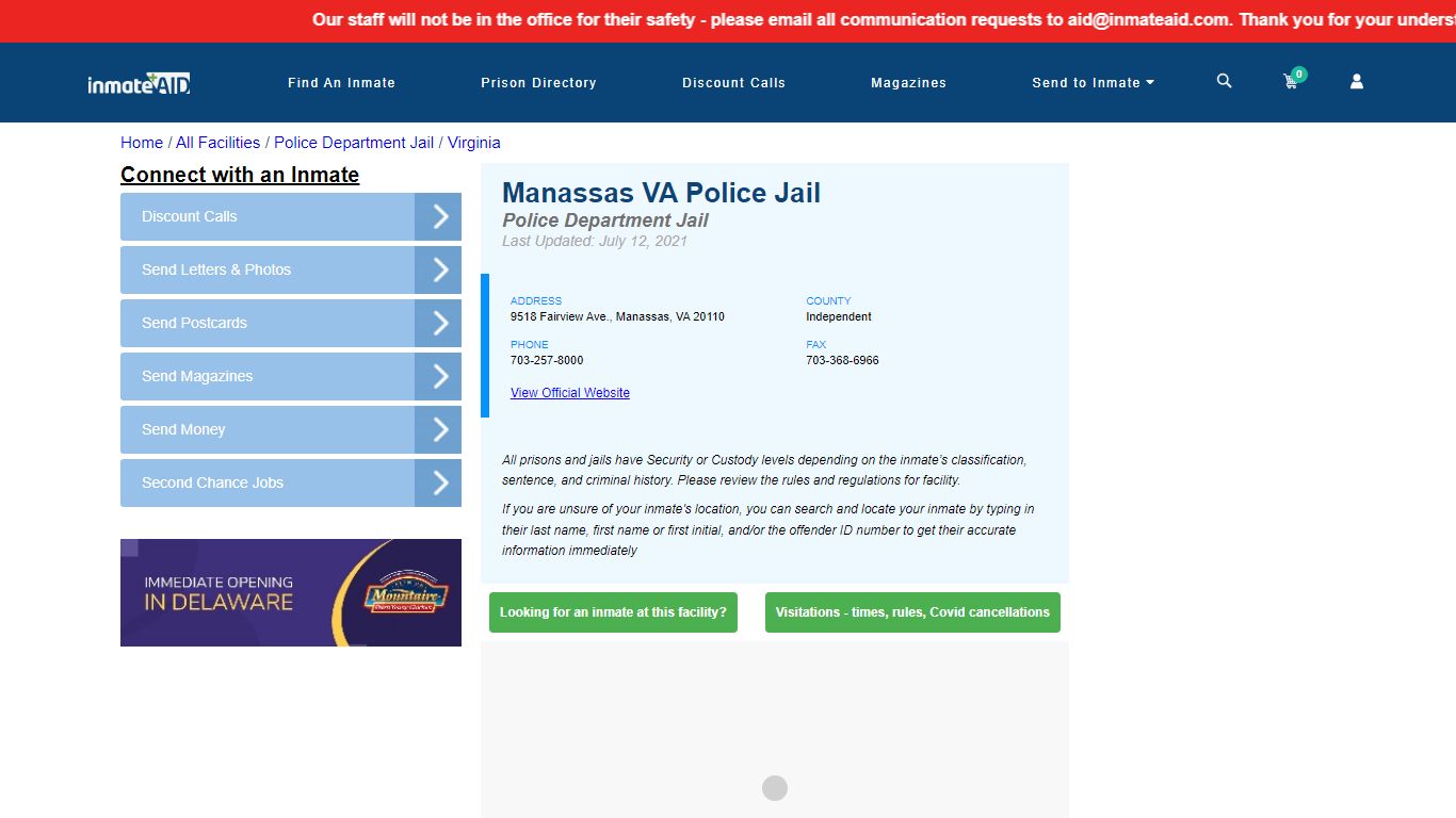 Manassas VA Police Jail & Inmate Search - Manassas, VA